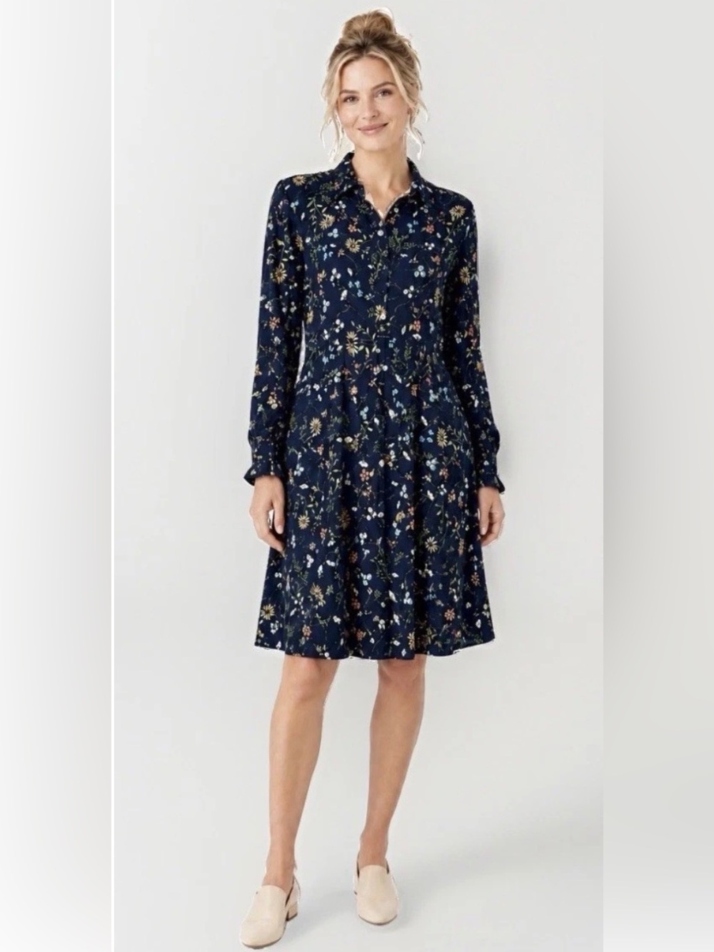 J. Jill MP Navy Floral Button Front Collared Shirt Dress